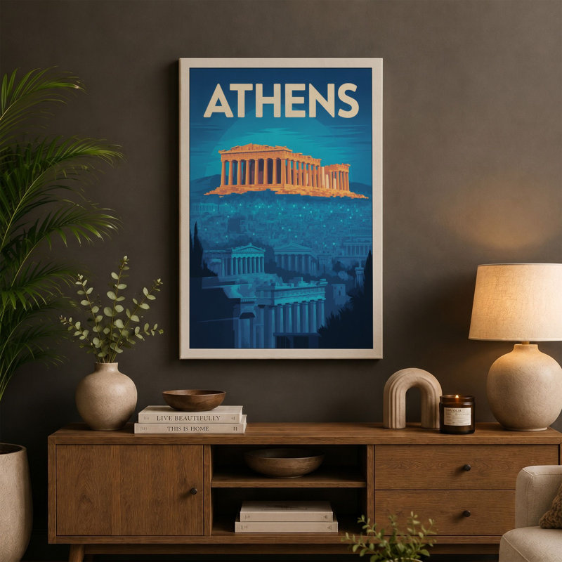 Postcard from Athens Retro 1 Piece Wrapped Canvas Wall Art, 36x24 - 91.4 x 61.0 cm, Teal Border