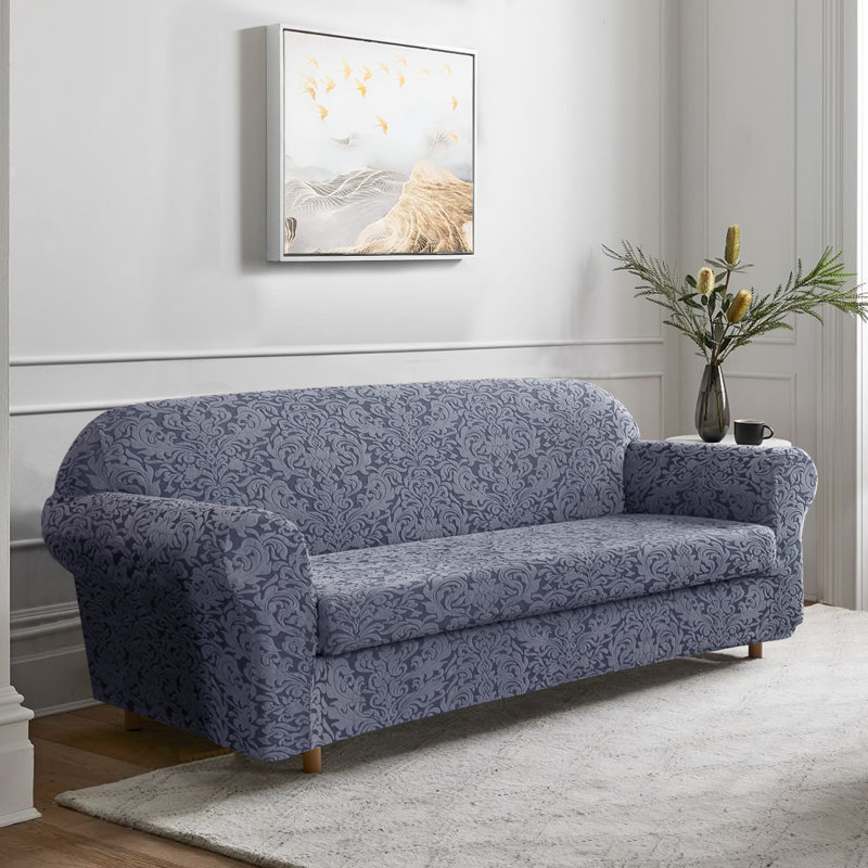 Housse pour canapé Stretch Damask, Mélange de polyester bleu grisâtre, H 41 po x l 92 po x P 42 po