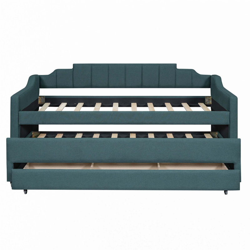 Lit plateforme en bois avec lit gigogne et 2 tiroirs, Vert
