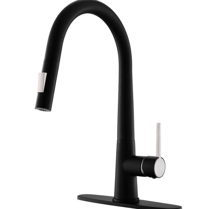 Robinet de cuisine noir à poignée simple escamotable, contemporain, remplissage en céramique, laiton, avec robinet de plaque de pont, style contemporain, matériau en laiton,