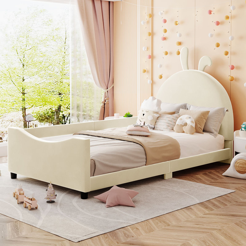 Olear Kids Upholstered Daybed with Rabbit Ear Shaped Headboard,, Beige Velvet