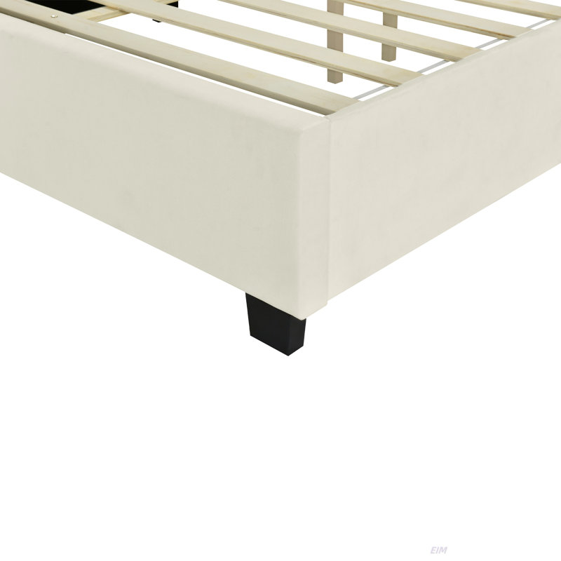 Grand lit plateforme tapissier avec grande tête de lit, meubles de chambre à coucher, velours (lit), Beige