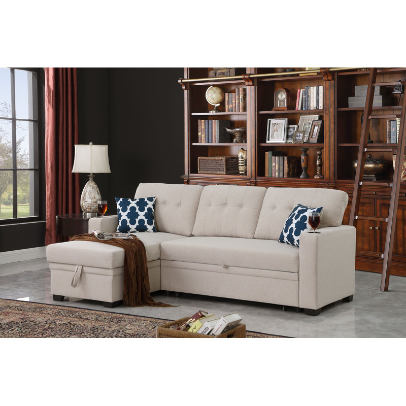 Upholstered L-Shaped Sectional Reversible, Beige Polyester Blend