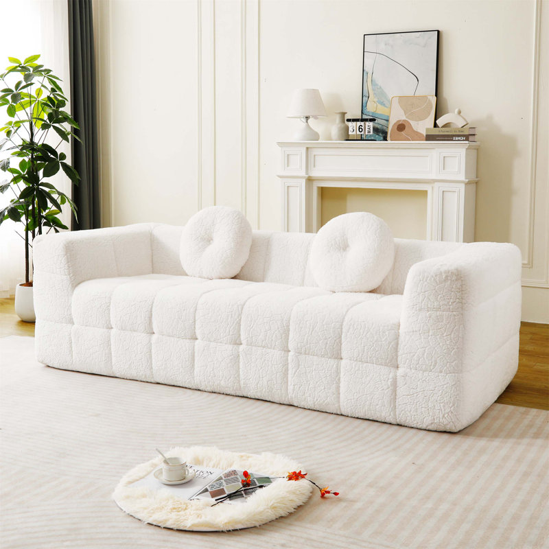 Canapé moderne de 84,6 pouces avec deux coussins décoratifs, tissu en polyester à poils longs texturé litchi doux pour la peau, canapé à trois places en mousse à carreaux