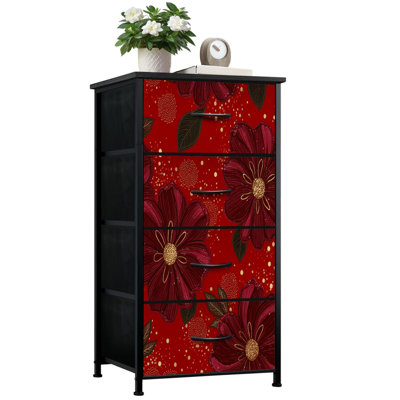 Commode pour la chambre à coucher avec 4 tiroirs de rangement Élégante décoration florale rouge ornée de pétales de commode Commode en tissu avec cadre en acier pour vestibule