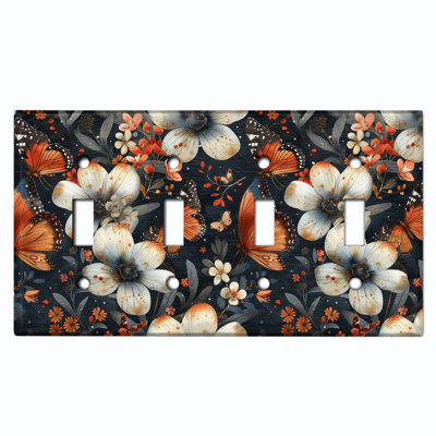 Metal Light Switch Plate Cover; US Standard Size 4 Gang Toggle - Vintage Butterflies and Flowers