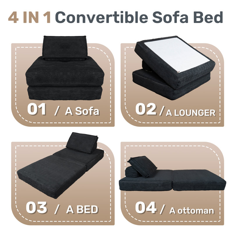 Folding Sofa Bed, Futon Sofa Chair with Pillow, Foldable Mattress with Back Support, Portable Fold Out Chair Bed No Assembly Required, Small Couches for Reading Room, Guest Room
