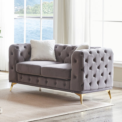 Canapé en velours de luxe 61,25 pouces avec boutons Chesterfield capitonnés avec 2 coussins et pieds en métal