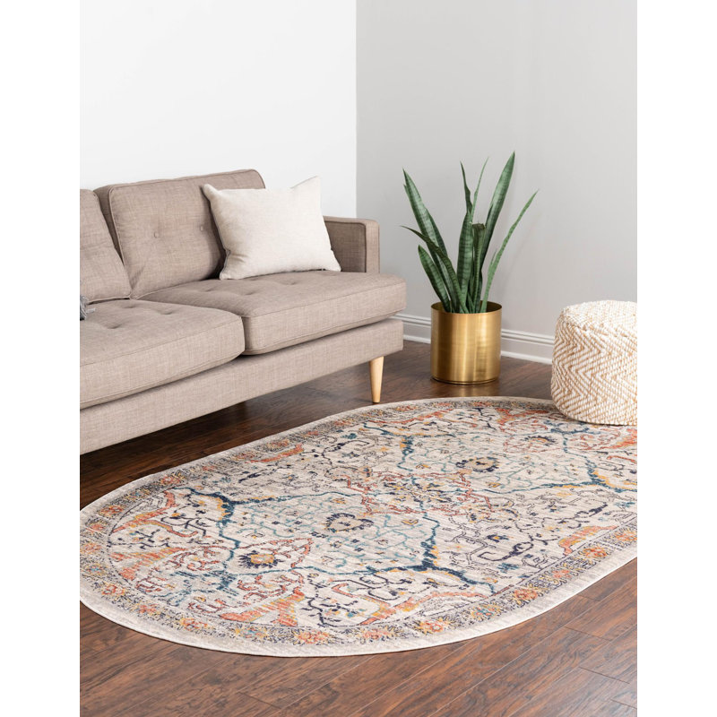 Tapis à motif floral ivoire / bleu marine / jaune / orange Alkire, Ovale 3 pi 11 po x 5 pi 11 po