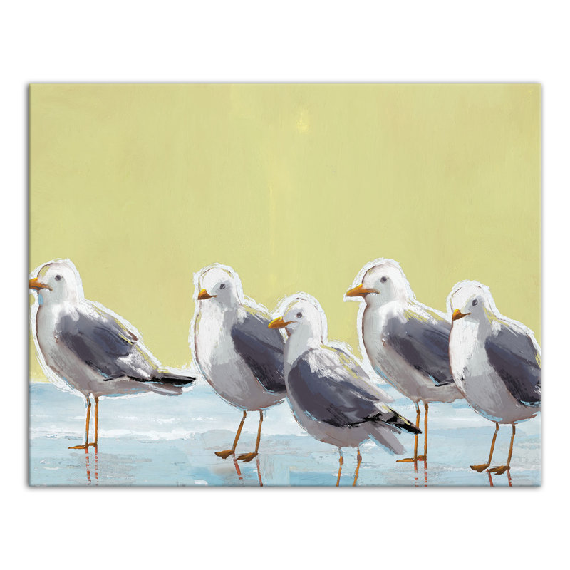 Mouettes sur fond jaune sur toile, H 11 po x l 14 po x P 1,25 po, Toile tendue