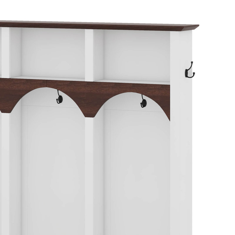 Farmhouse Wooden Hall Tree with Arched Design, 4-in-1 Entryway Storage Bench with 5 Hooks & 7 Cubbies, Rustic Mudroom Shoe Cabinet