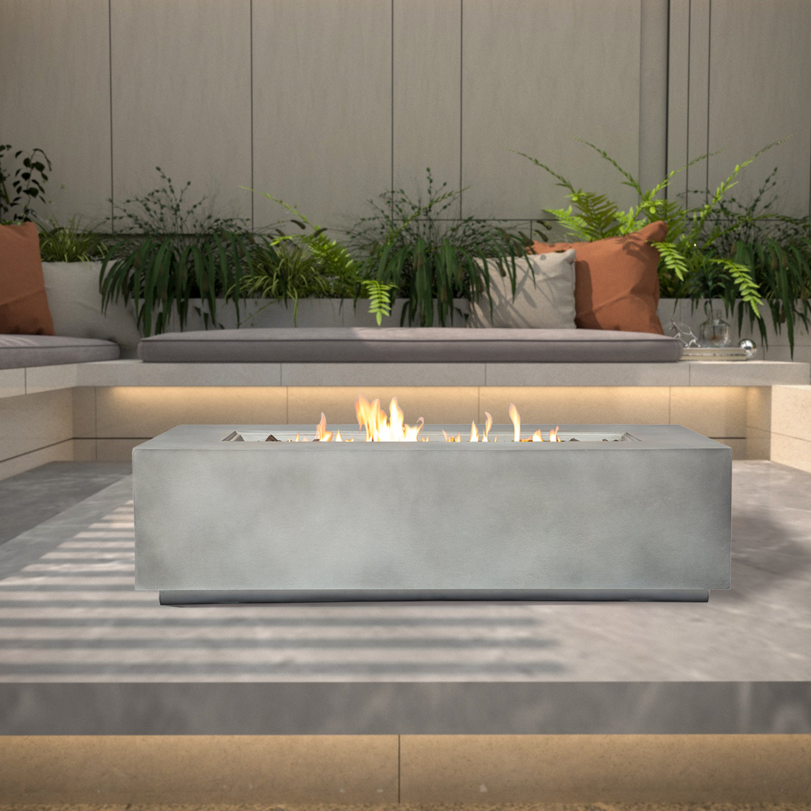 Rashid Concrete Propane Rectangle Outdoor Fire Pit Table, Natural Concrete, 15" H x 56" W x 24" D