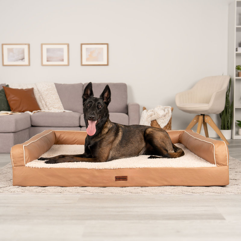 Textured Plush Fur & Coated Poly Modern Sofa Style Dog Bed, 10.5" H x 53" W x 40" D, Camel