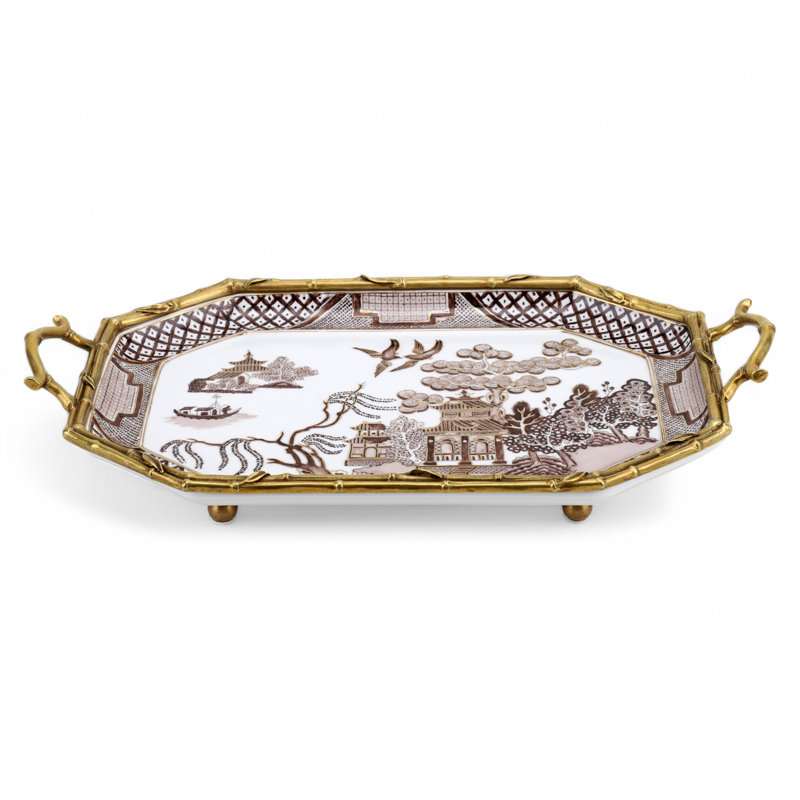 Plateau octogonal en porcelaine avec bronze Imperial Palace Ormolu