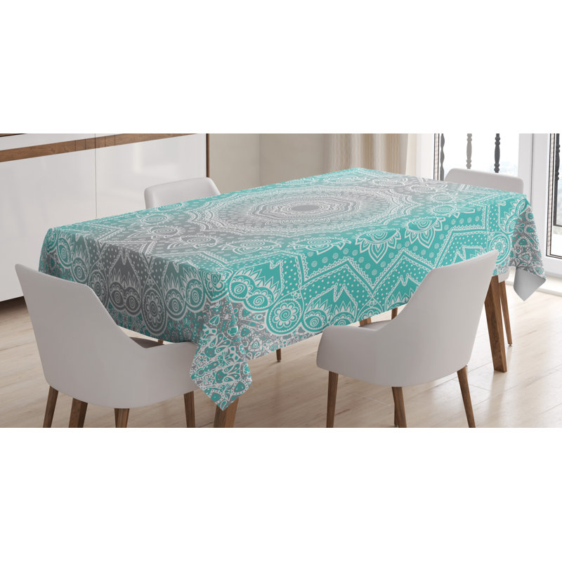 Dining Room Kitchen Tablecloth, 84" L x 60" W, Gray/Turquoise