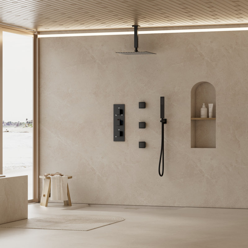 Pomme de douche à jet de pluie avec douchette à main, système de douche double 12 po et 6 po avec valve à pression équilibrée, robinet de douche à pluie haute pression noir mat