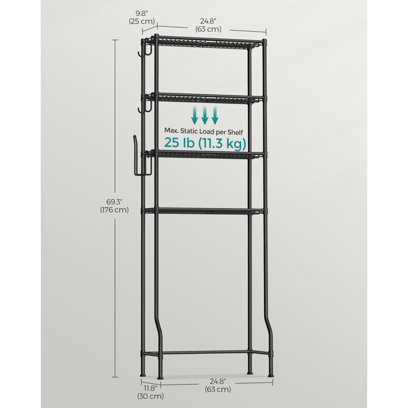 Rangement au-dessus de la toilette à 4 niveaux, support de rangement en métal, porte-rouleau, étagère de rangement pour salle de bain peu encombrante, 4 crochets