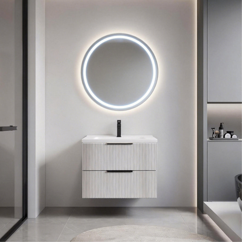 Meuble-lavabo de salle de bain 30 po avec lavabo en céramique - Meuble-lavabo flottant mural gris avec tiroirs, moderne