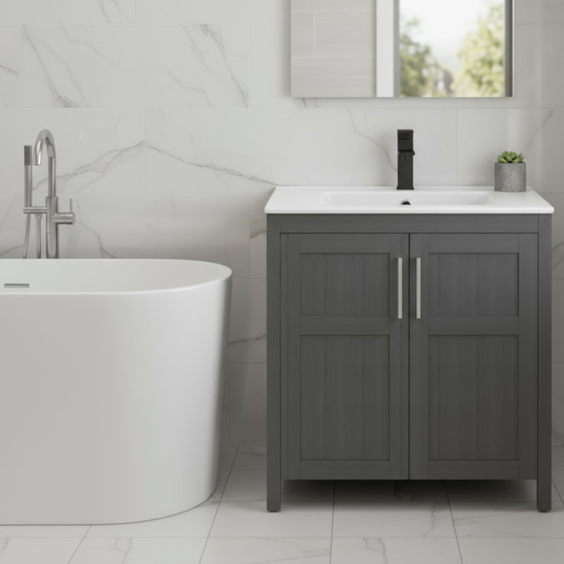 This Black Freestanding Bathroom Vanity Features A Sink And Ceramic Basin With Two Soft-Close Doors. It's Simple Yet Sophisticated, Practical And Stylish.