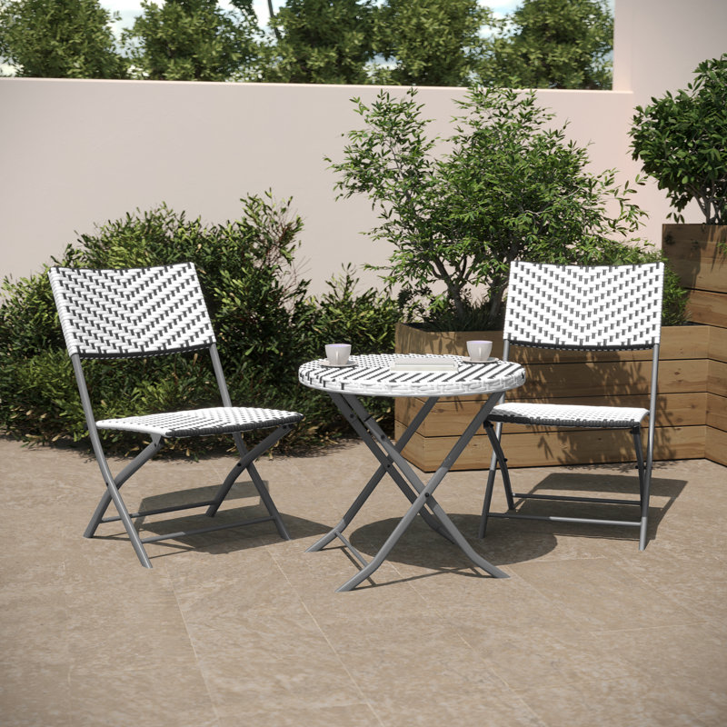 Three Piece Folding Set in PE Rattan with Metal Frames for Indoor and Outdoor Use, Gray/White/Gray