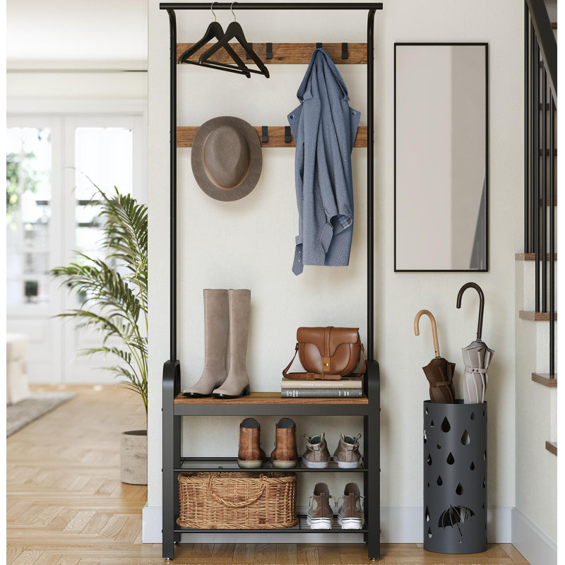 Hall Tree 28.3'' Wide with Bench and Shoe Storage, Rustic Walnut/Black