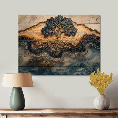 Aqua Infinite Golden Tree Of Life III - Tree Of Life Wood Wall Decor - On Natural Pine Wood
