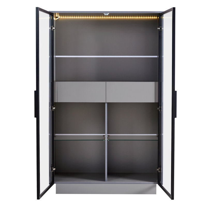 Vitrine 60,6 po à porte vitrée autoportante avec éclairage DEL, tablettes réglables et 2 tiroirs de rangement - Bibliothèque grise pour le salon, le bureau, la cuisine