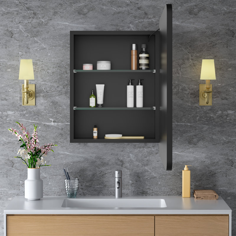 20" W x 28" H Fruzsina Modern Iron Framed Surface/Recessed Mount Medicine Cabinet with Mirror, Adjustable Glass Shelves, Dimmable Lighting, Anti-Fog and Memory Function for Makeup, Shaving or Bathroom Vanity Storage