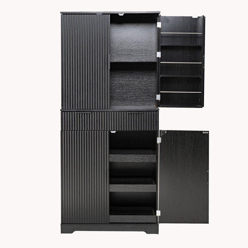72" Fluted Kitchen Pantry Cabinet With 3 Keyboard Drawers & 6 Door Shelves Adjustable, Black