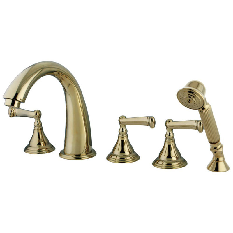 Robinet de baignoire romaine à trois poignées à fixation sur le comptoir à trois trous avec douche à main Kingston Brass Royale
