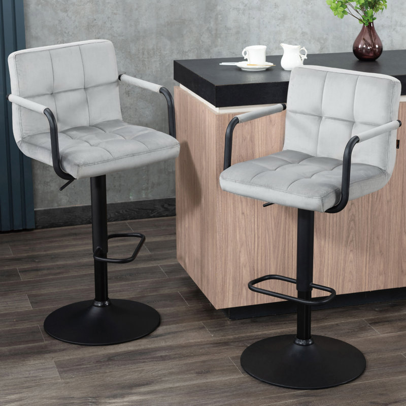 Damiah Crosdy Adjustable Height Swivel Upholstered Velvet  Barstool with Metal Frame, Gray