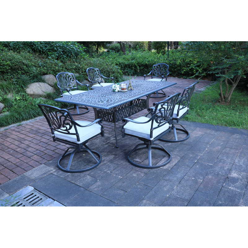 Ensemble de salle à manger rectangulaire en aluminium pour 6 personnes 84,25 po avec coussins Sunbrella Annecorinne, Argent