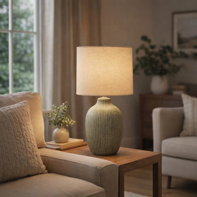 Fera Table Lamp, Green Ceramic Base, Beige Linen Drum Shade, 18 Inch