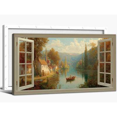 Spring Landscape Wall Art, Open Window Style Scenic Canvas Pictures, Rustic Nature Wall Art Decor Serene Forest Painting Artwork for Living Room Bedr