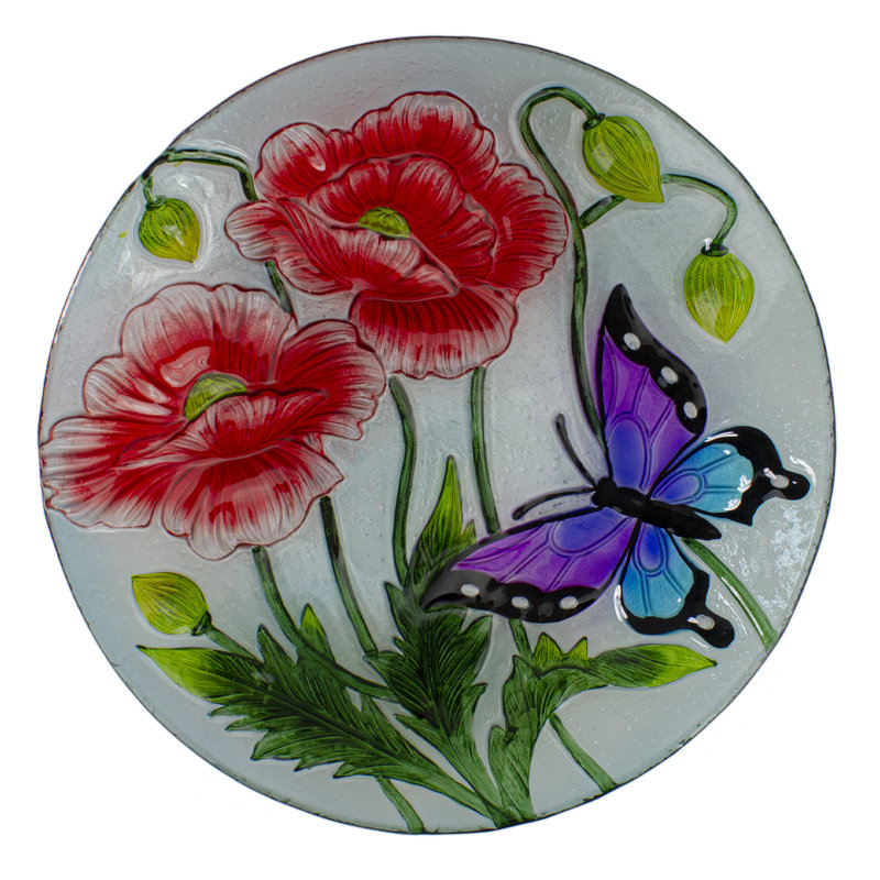 21" Butterfly And Carnations Hand Painted Glass Outdoor Birdbath