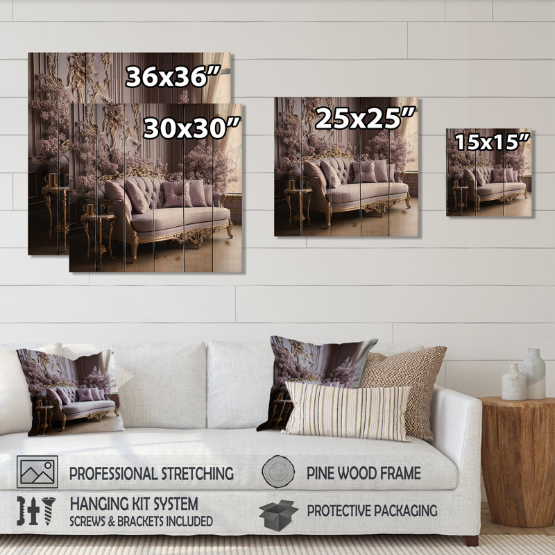 Canapé lilas orné d'accents dorés I - lilas, art mural sur bois de pin naturel, H 36 po x l 36 po