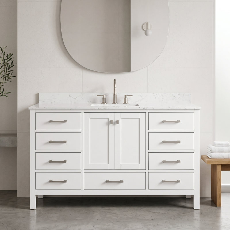 Meuble-lavabo de 54 po en bois massif avec lavabo intégré blanc