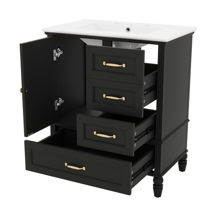Meuble-lavabo 30 po avec lavabo - armoire avec 1 porte, 3 tiroirs, pieds en bois massif et patins réglables, Noir