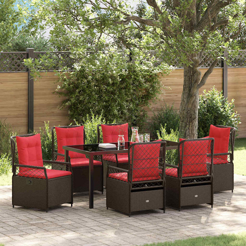  Ensemble de salle à manger de jardin 7 pièces en rotin de polyester brun, Red Cushion/Brown Frame