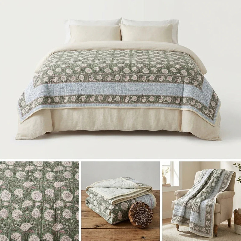 House of Avana Cream & Rose Pink Botanical Floral Jaipur Indian Hand Block Print Quilted Comforter, Queen