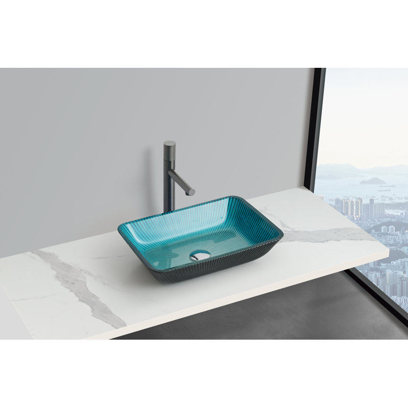 18" Tempered Glass Rectangular Vessel Bathroom Sink, Blue