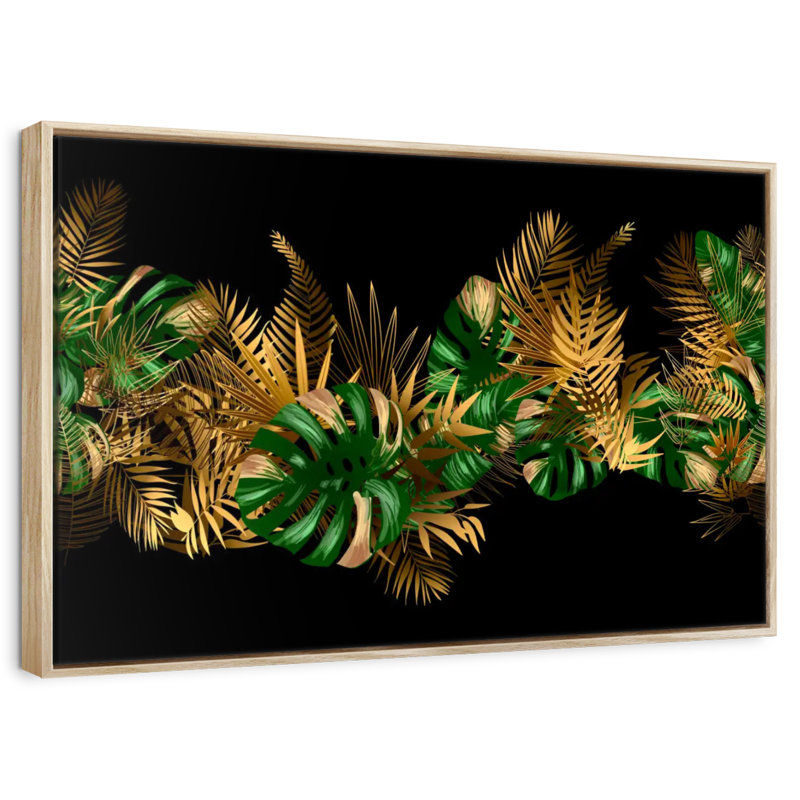 Feuilles dorées et vertes, Cadre flottant en bois naturel, 31 po x 21 po