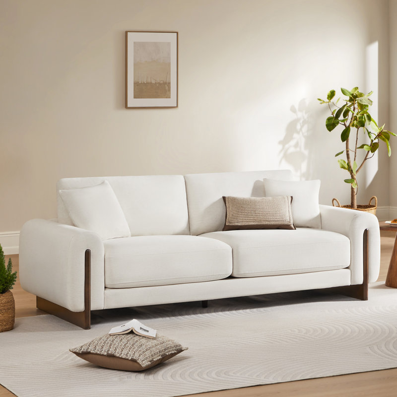 90'' Modern Upholstered Sofa with Solid Wood Legs, Deep Seating Chenille Fabric Couch for Living Room, Cream