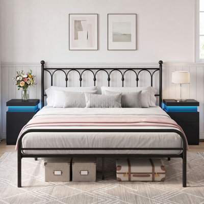 3-Piece Bedroom Set, Metal Bed Frame with Arched Headboard & 2 Nightstands with LED Lights and Charging Station