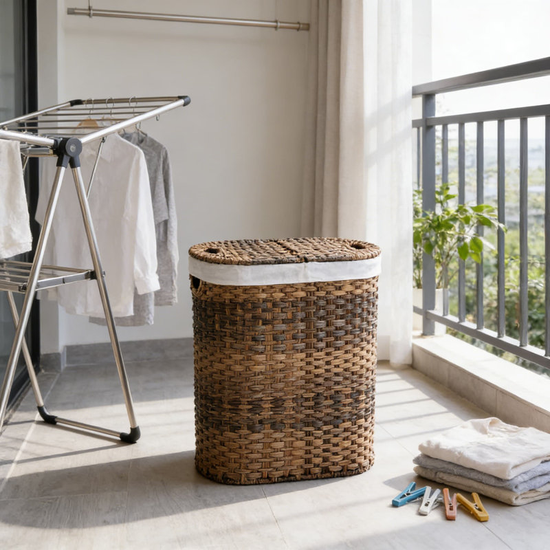 Premium Handwoven Laundry Hamper Basket With Removable Washable Liners, Dual-Compartment Portable Storage Bin For Clothes And Linens