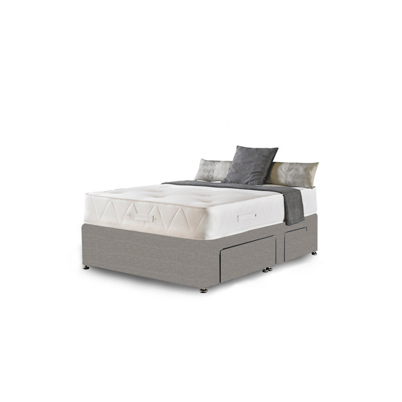 Asia Upholstered Divan Bed with Mattress, Silver Linen, Small Single, 2 Drawers