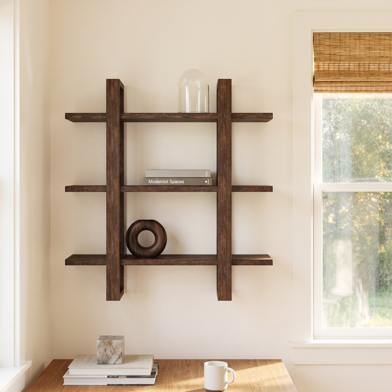28" Solid Wood Floating Shelf, Wire Brushed Dark Brown
