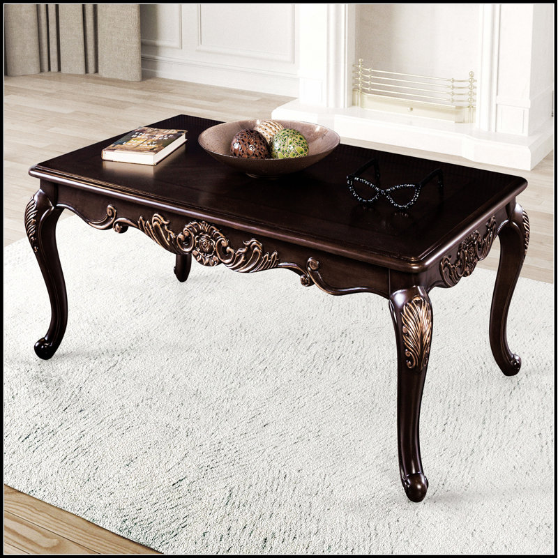 1Pc Rectangle Coffee Table With Traditional Style, Curved Legs, Solid Wood Structure, And Intricately Carved Design