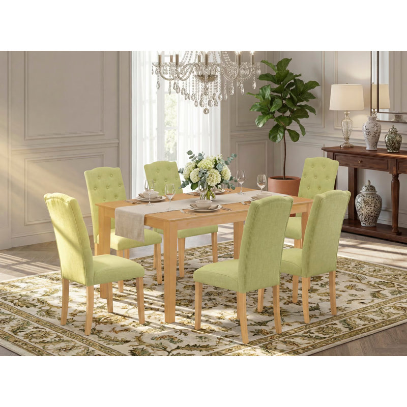 Ensemble de mobilier de salle à manger 7 pièces composé d'une table de salle à manger rectangulaire et de 6 chaises revêtues de tissu de lin Limelight, chêne