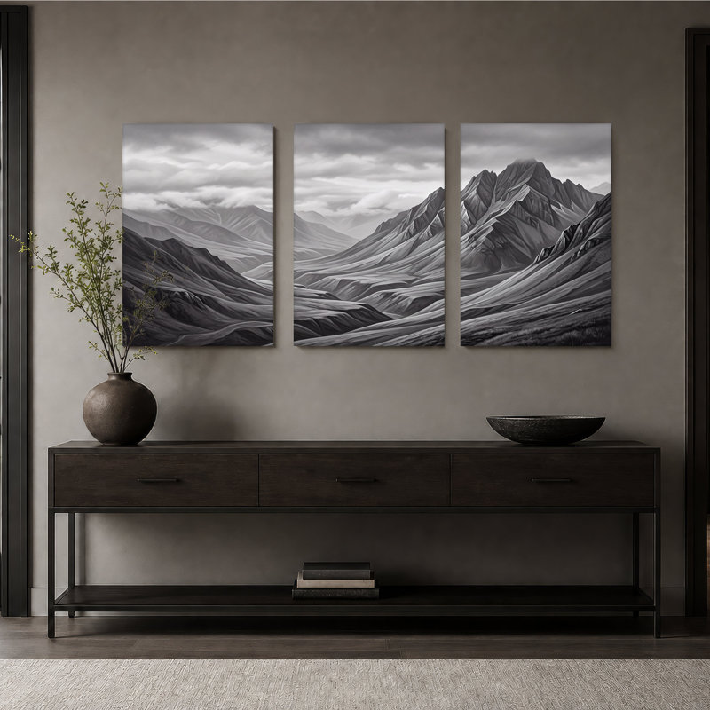 Ensemble de 3 toiles noires et blanches sous un ciel nuageux, 30"H x 20"W x 3pcs